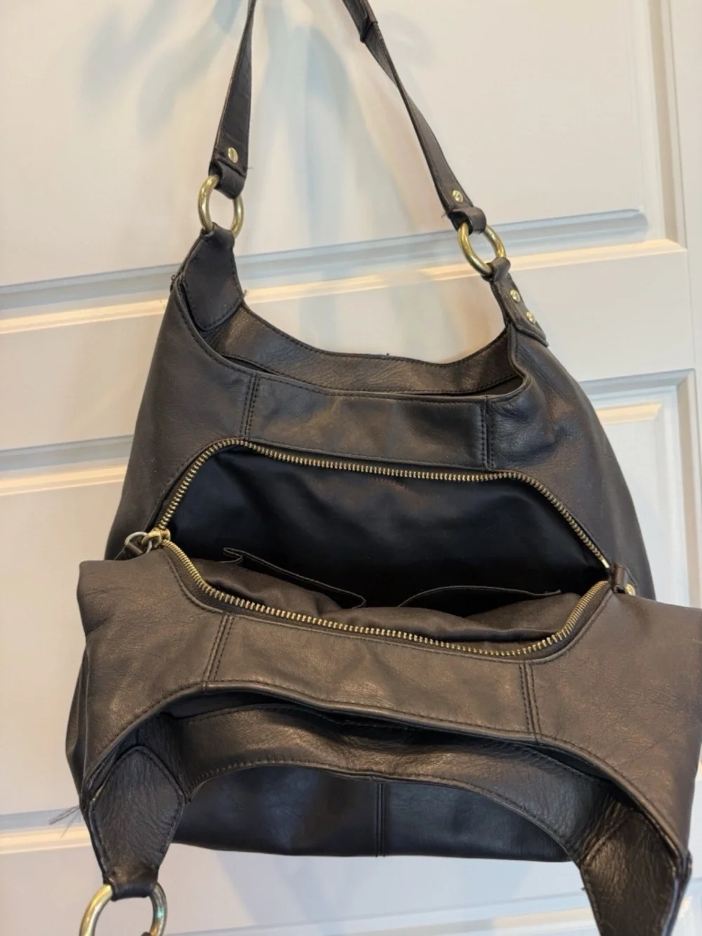 COACH Campbell F24686 Black Leather Large Hobo Shoulder Bag Chunky Brass Buckle